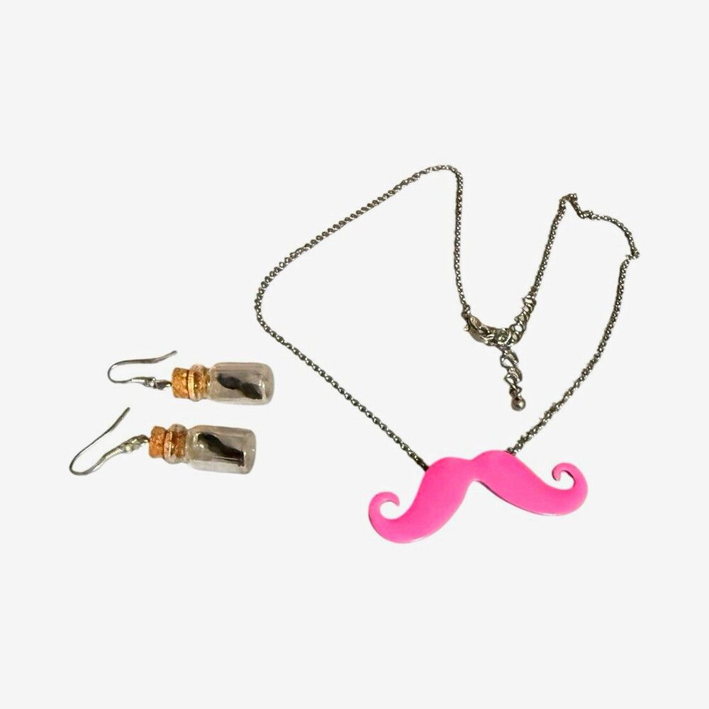 Pink Mustache Necklace & Bottle Earrings Novelty Jewelry Lot